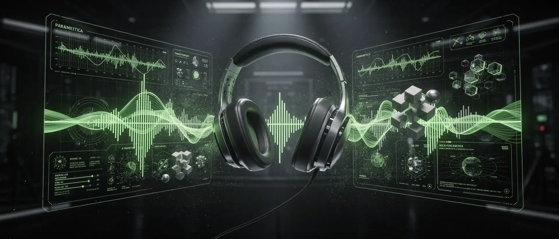 Ein futuristisches High-Tech-Headset schwebt in einer dunklen Cyberpunk-Welt zwischen leuchtend neongrünen, holografischen Audio-Frequenzwellen.