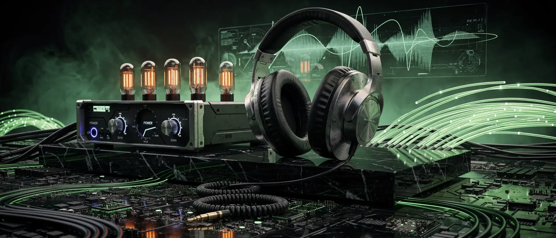 Futuristisches Audio-Setup mit High-End-Kopfhörern und glühendem DAC in einem dunklen Cyberpunk-Raum mit neongrünen Lichteffekten und Hologrammen.