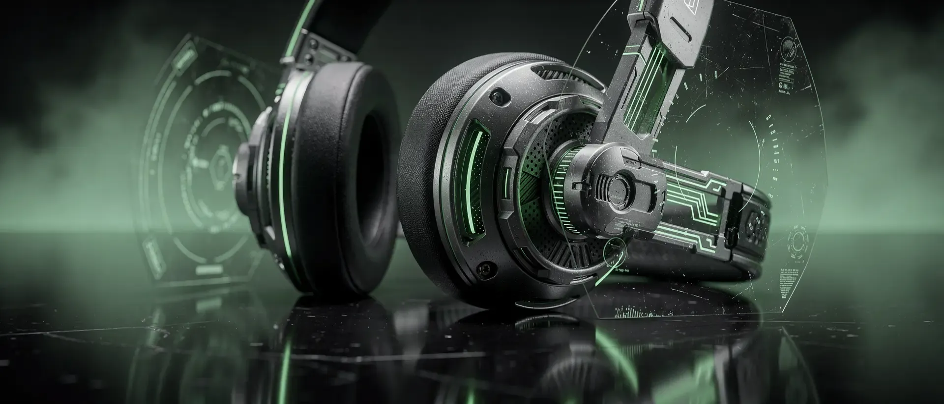 Nahaufnahme eines futuristischen Cyberpunk-Headsets mit neongrünen Leuchteffekten auf einer schwarzen Obsidianfläche in düsterer Atmosphäre.