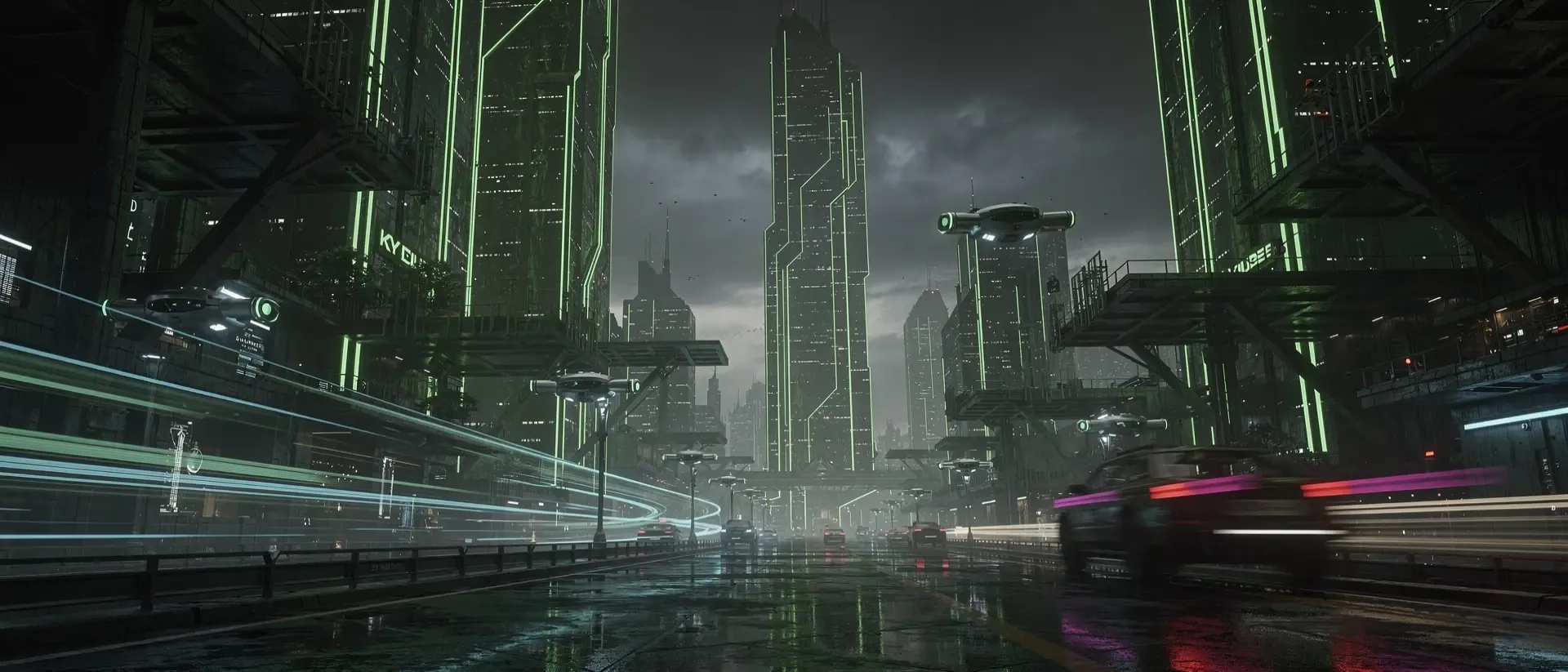 Ein futuristischer Cyberpunk-Gaming-Schreibtisch mit ultrawide Monitor, leuchtend grünen Neon-Akzenten und atmosphärischem Nebel in der Dunkelheit.
