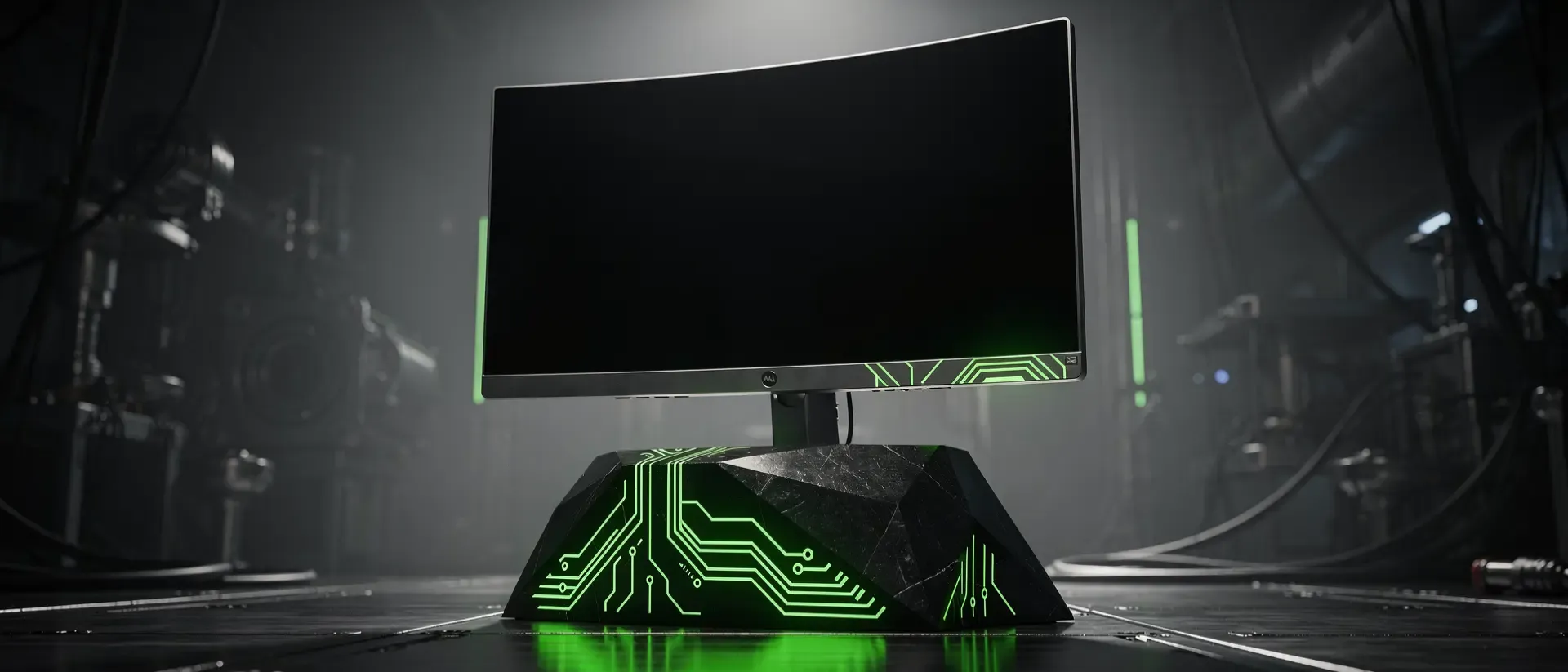 Futuristischer Cyberpunk-Monitor mit leuchtend neongrünen Schaltkreisen auf einem mattschwarzen Standfuß in einem dunklen, nebligen High-Tech-Labor.