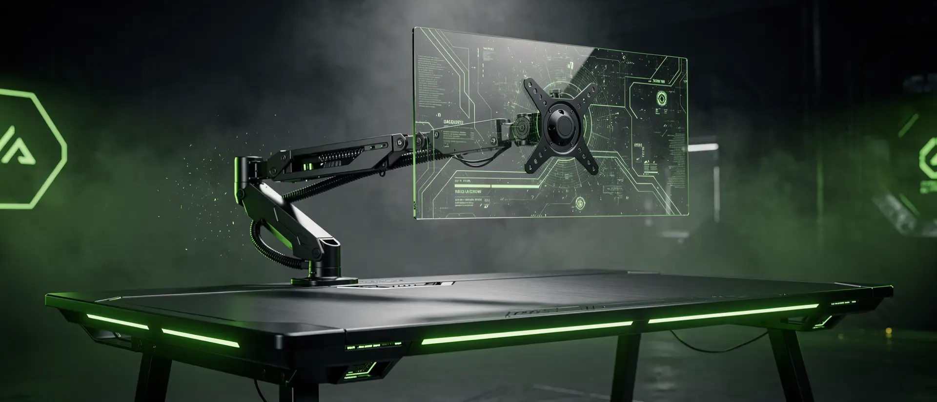 Ultrawide 21:9‑Szene einer futuristischen Gaming‑Station mit schwebendem Hologrammonitor, neongrünen Akzenten und verdunkelter Cyberpunk‑Atmosphäre.