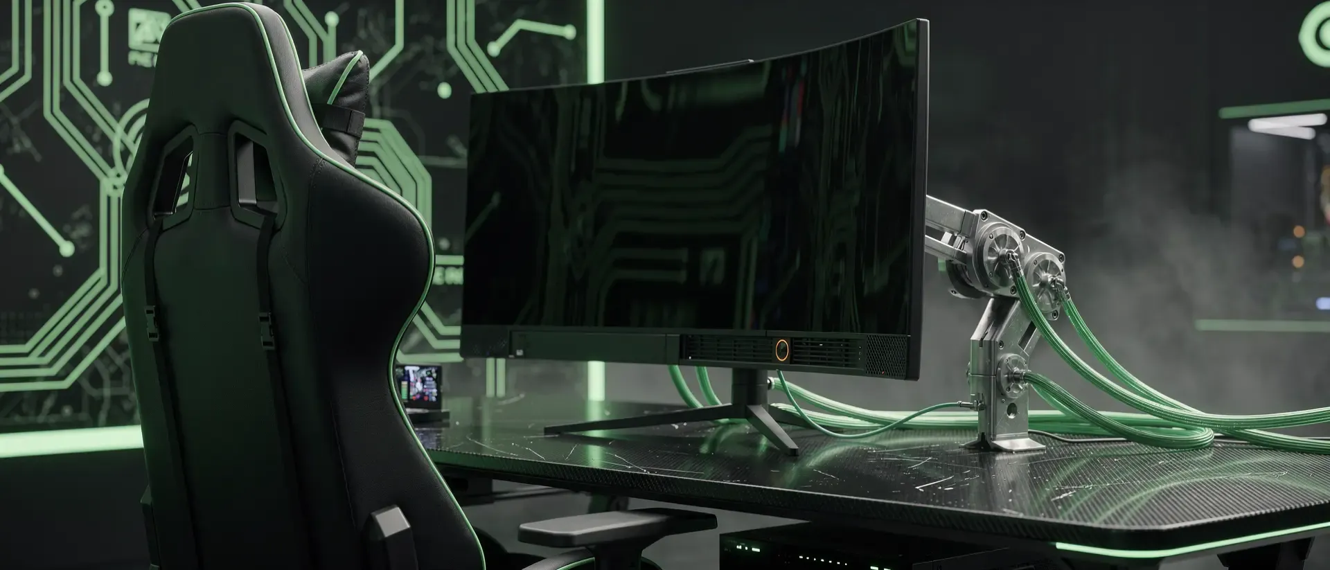 Hyperrealistisches Cyberpunk-Gaming-Setup in einem dunklen Raum mit einem ultraweiten Monitor und leuchtend neongrünen Akzenten.