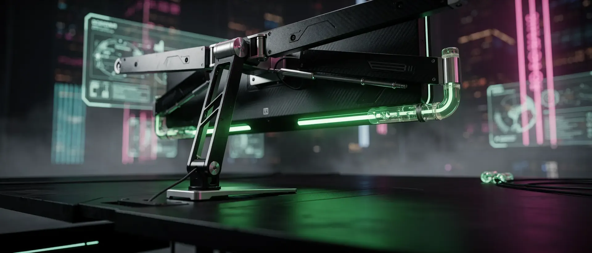 Nahaufnahme eines futuristischen, schwarzen Roboterarm-Monitors mit leuchtend neongrünen Glasfaserkabeln und holografischen Schaltkreismustern im Cyberpunk-Stil.