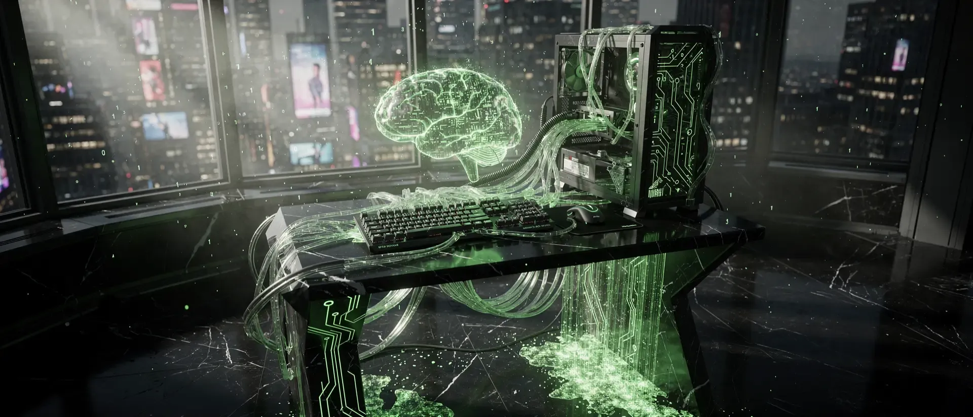 Futuristisches Gaming-Setup in einer Cyberpunk-Stadt mit einem holografischen Gehirn und leuchtend neongrünen Schaltkreisen auf schwarzem Obsidian.