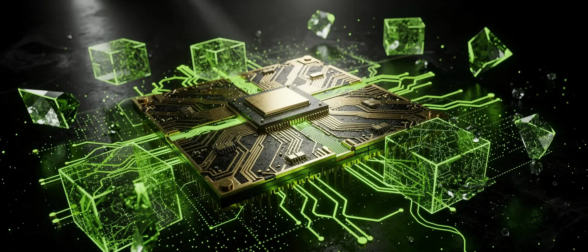 Ein futuristischer Mikroprozessor mit goldenen Schaltkreisen und pulsierenden, neongrünen Energieströmen in einer dunklen, digitalen Cyberpunk-Welt.