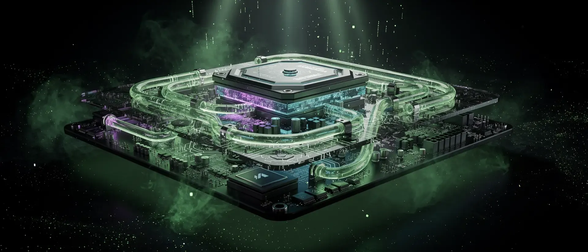 Futuristische, hochmoderne Computerhardware mit irisierenden Schaltkreisen und leuchtend neongrünen Energieimpulsen in einer dunklen, digitalen Leere.