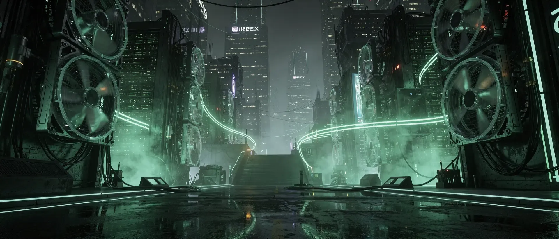 Ultrawide-Panorama einer dunklen Cyberpunk-Stadt mit leuchtend grünen Neonakzenten, gigantischen Server-Türmen und reflektierenden, nassen Straßen.