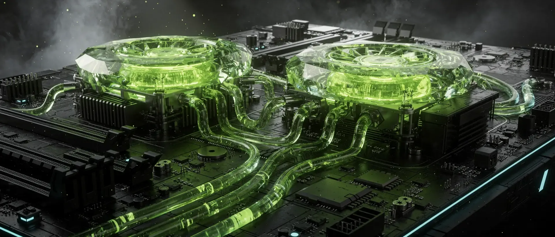 Makro‑Aufnahme einer Cyber‑Punk‑Motherboard‑Szene, zwei pulsierende grüne Kristallkerne, fließendes Neon‑Grün.