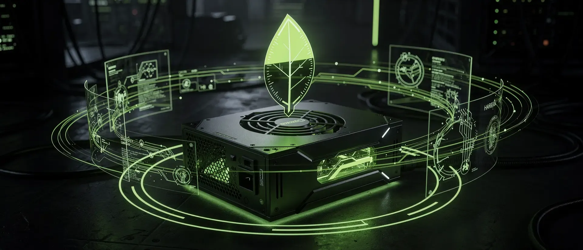 Ein futuristisches, neon-grünes Netzteil im Cyberpunk-Stil mit holografischem Energiefluss und einem stilisierten Blatt-Anzeigegerät vor dunklem Hintergrund.