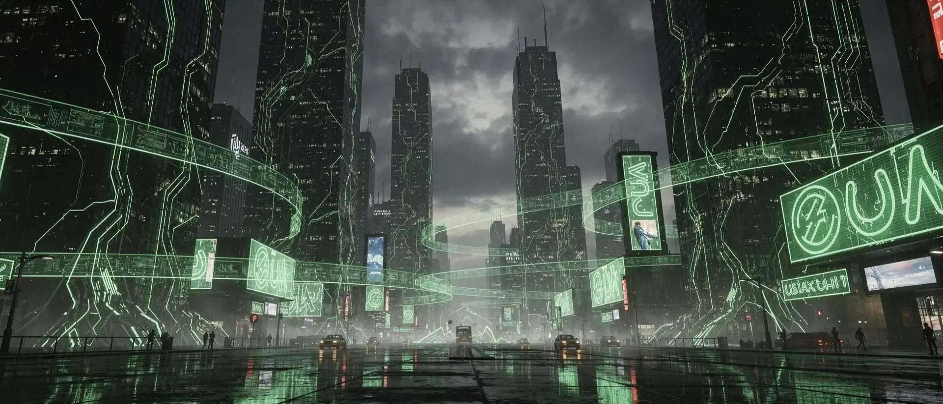 Ultrawide, nächtliche Cyberpunk-Metropole: dunkle Wolkenkratzer, grüne Stromkreise, nasse Spiegelstraßen, leuchtende Neon-Schilder im Nebel.