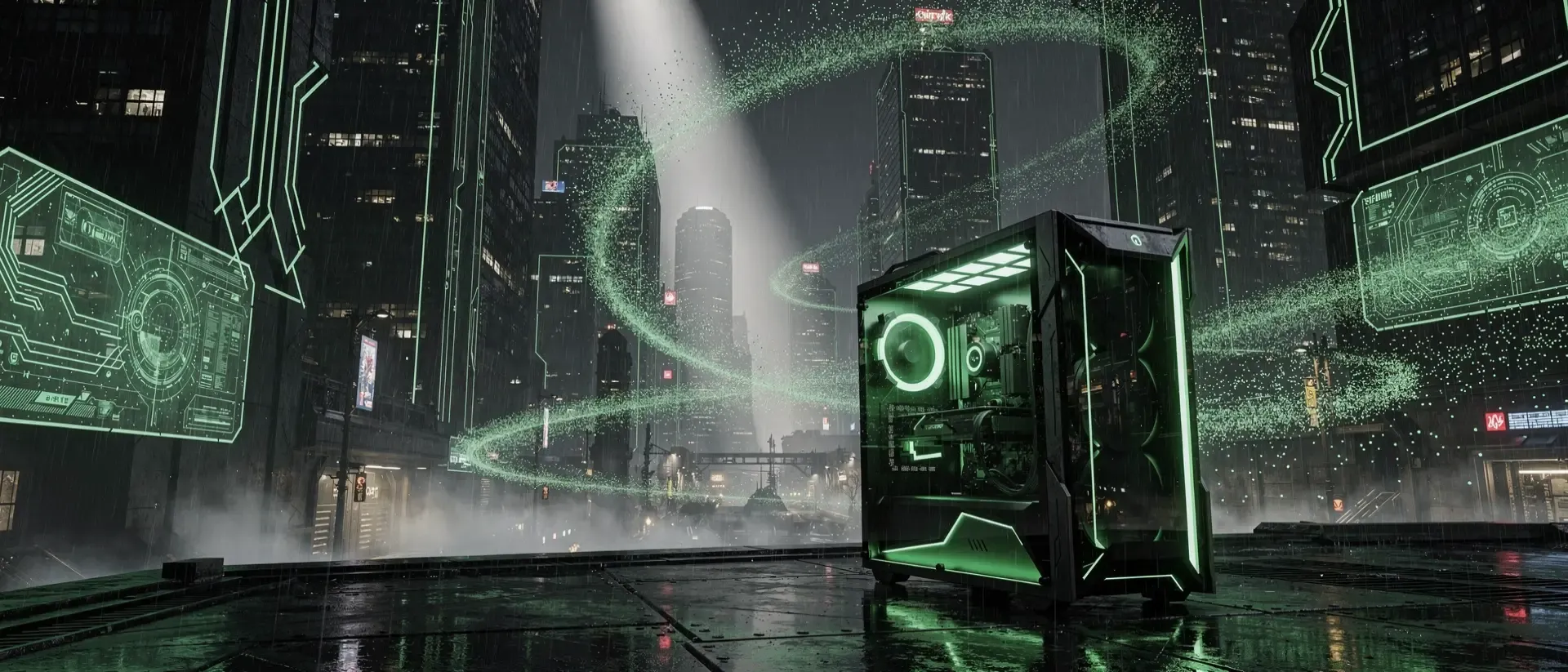 Nacht‑Cyberpunk‑Stadt mit dunkler Skyline, grünen Neon‑Schaltkreisen, Gaming‑Rig, schwebenden Datenströmen und regennassen Straßen.