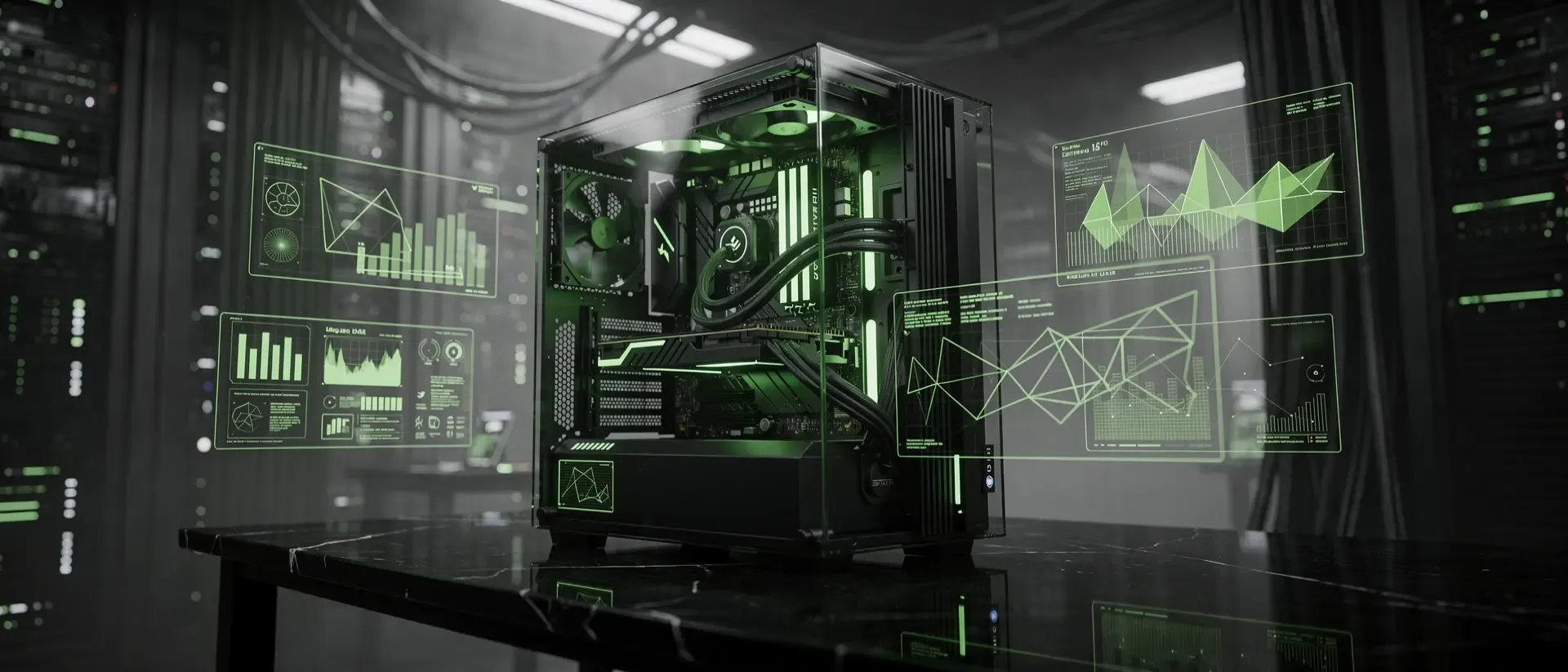 Ein futuristisches Cyberpunk-Labor mit einem Gaming-PC mit leuchtend neongrüner Flüssigkühlung und schwebenden holografischen Datenanzeigen.