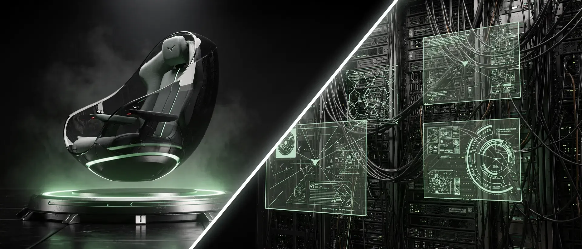 Ein geteiltes Cyberpunk-Bild zeigt links eine minimalistische, grün leuchtende Gaming-Kapsel und rechts ein chaotisches, technisches Kontrollzentrum.