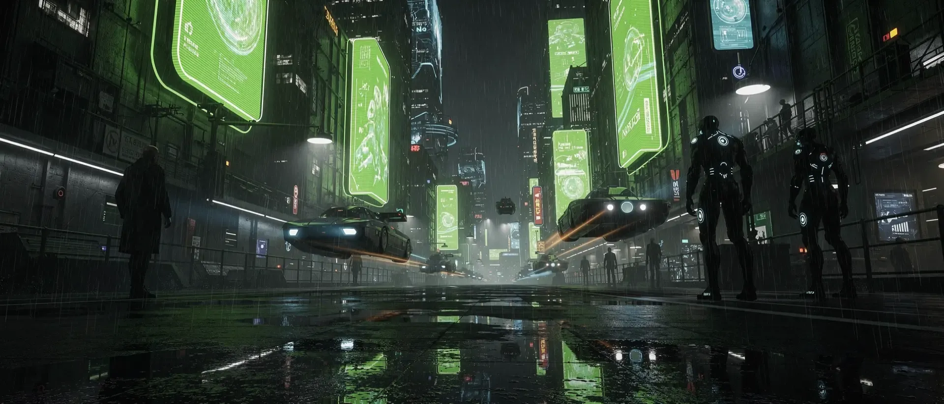 Eine nächtliche Cyberpunk-Metropole mit neongrünen Hologrammen, regennassen Straßen und fliegenden Fahrzeugen in einem cineastischen Weitwinkel.