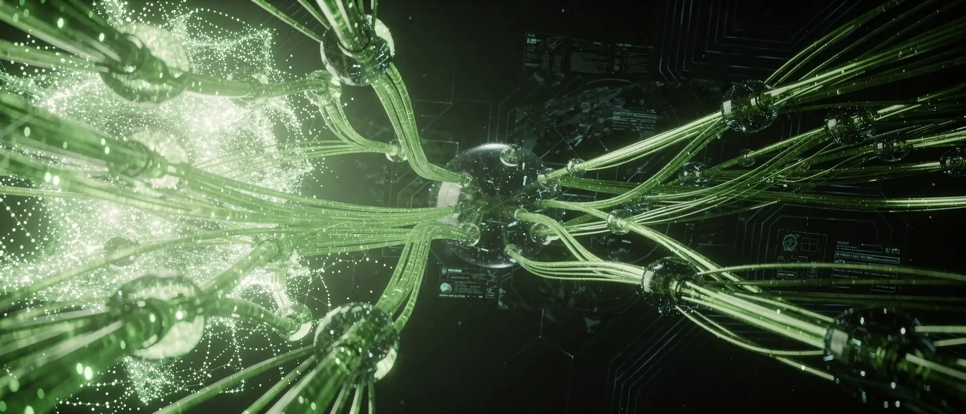 Ein futuristisches Cyberpunk-Netzwerk aus leuchtend neongrünen Glasfaserkabeln und holografischen Schaltkreisen in einer dunklen digitalen Leere.