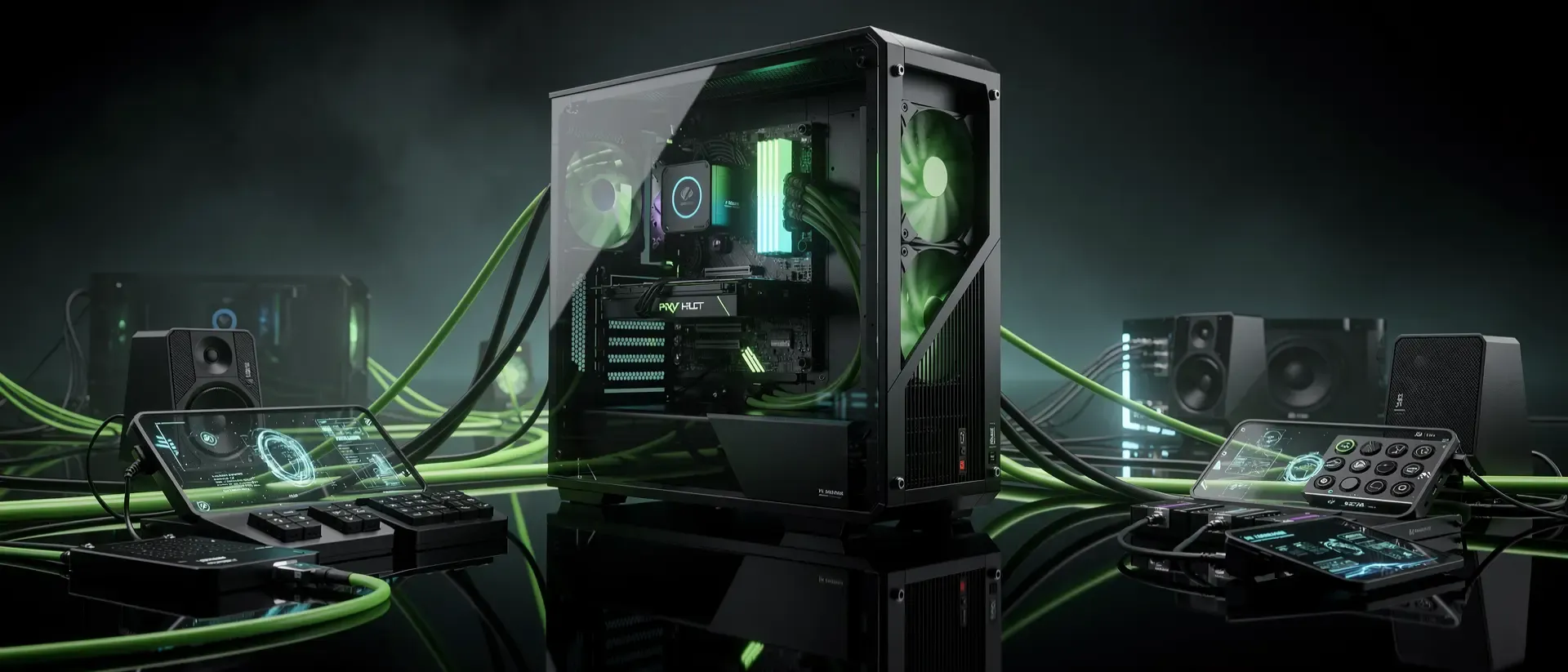 Futuristische Cyberpunk-Workstation aus schwarzem Obsidian mit leuchtend neongrünen Energiekabeln und gläsernen Gehäusen in dunkler Atmosphäre.