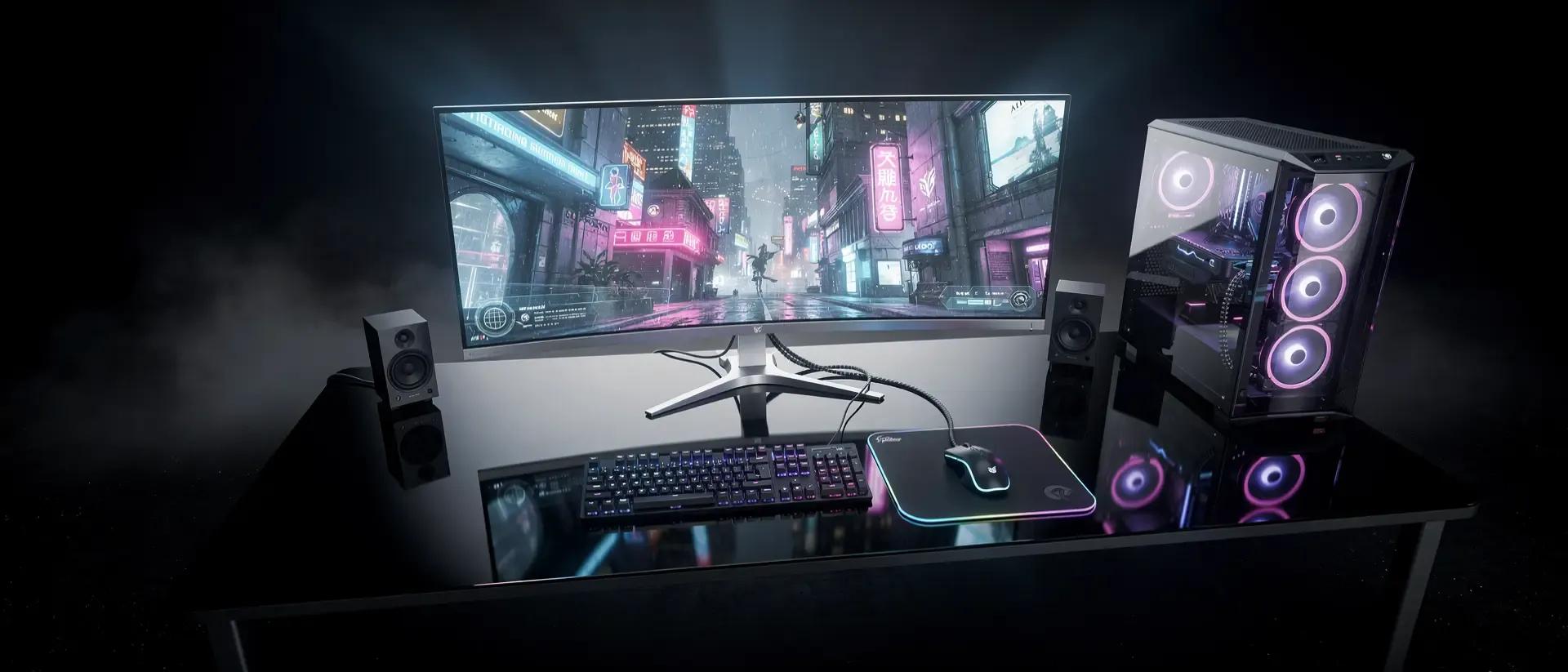 Cinematische Weitwinkelaufnahme eines futuristischen High-Tech-Gaming-Setups mit einem gebogenen Ultrawide-Monitor in einer dunklen Leere.