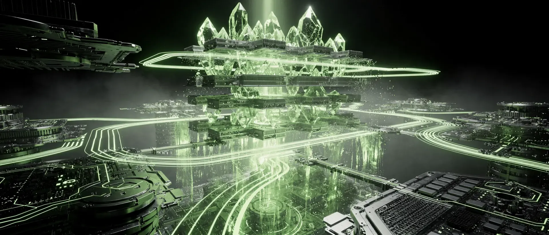 Abstrakte Cyberpunk-Visualisierung mit schwebenden holografischen Kristallen und leuchtenden neon-grünen Datenströmen auf schwarzem Hintergrund.