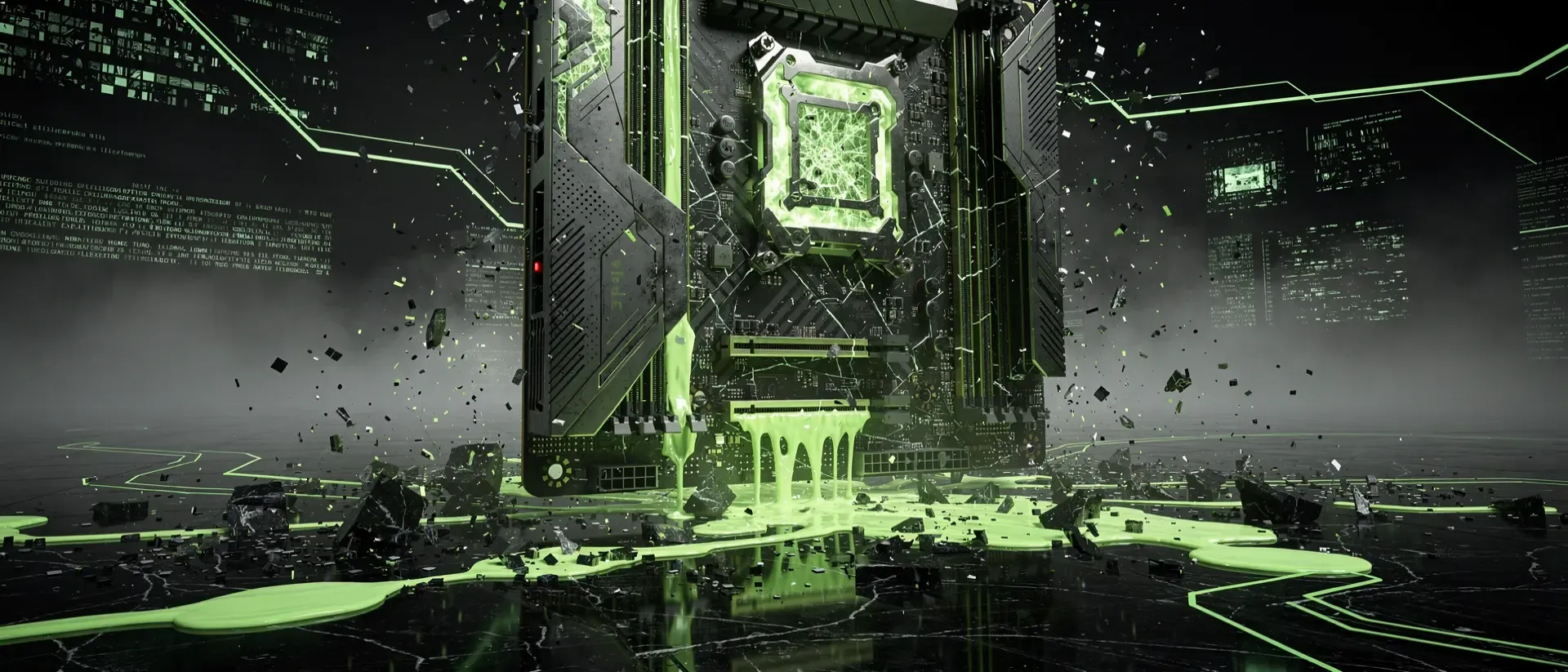 Ein futuristischer Cyberpunk-Hardware-Kern, der in digitalen Fragmenten zerfällt, während neongrünes Licht aus den Modulen auf schwarzen Boden fließt.