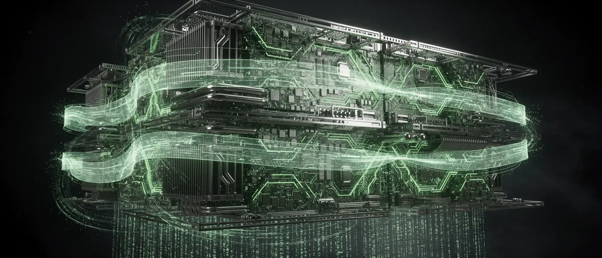 Ein futuristischer Cyberpunk-Serverkern mit leuchtend neongrünen Schaltmustern und fließenden digitalen Energieströmen in einer dunklen Leere.
