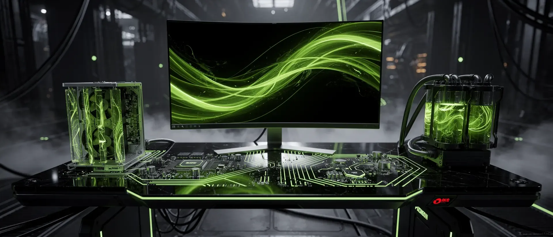 Futuristische Cyberpunk-Gaming-Station mit einem schwebenden Ultrawide-Monitor und neon-grünen Lichteffekten auf einem schwarzen Obsidian-Schreibtisch.