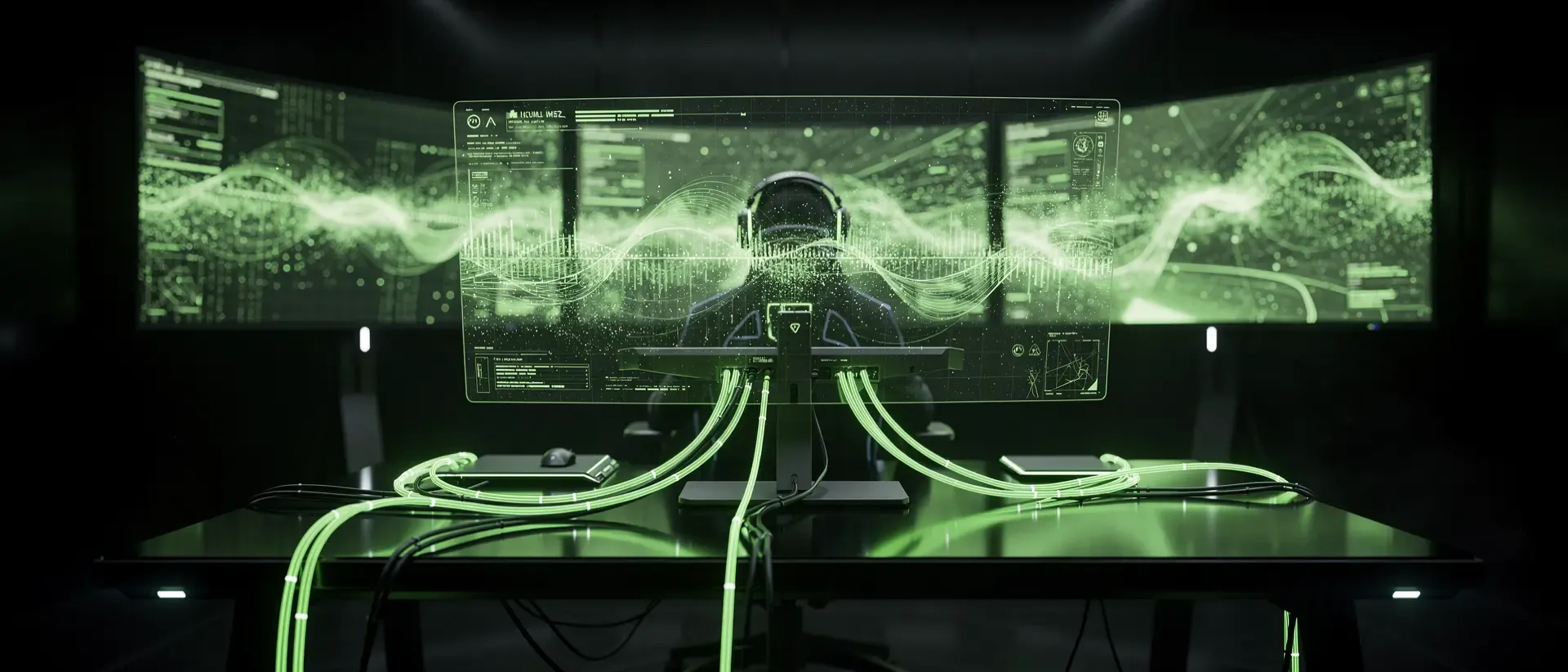 Ein futuristisches Cyberpunk-Gaming-Setup in Dunkelheit mit leuchtend neongrünen holografischen Interfaces und einem E-Sportler im Hintergrund.
