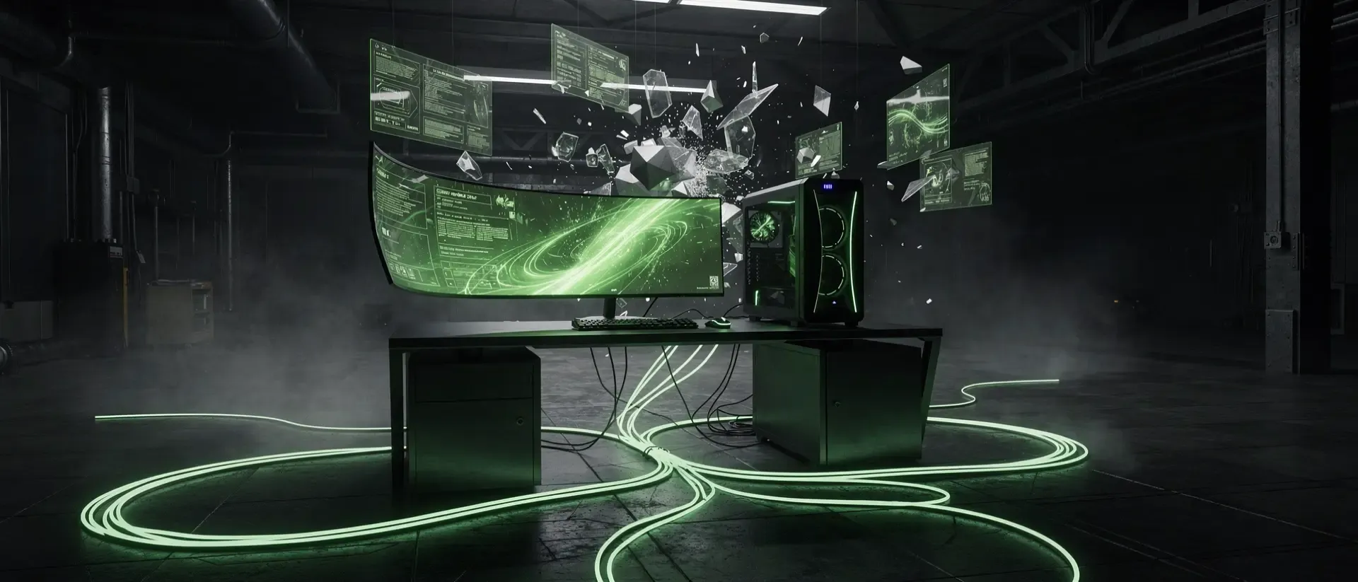 Ein futuristisches Cyberpunk-Gaming-Setup in einem dunklen Loft mit einem leuchtenden, neongrünen Hologramm-Monitor und glühenden Glasfaserkabeln.