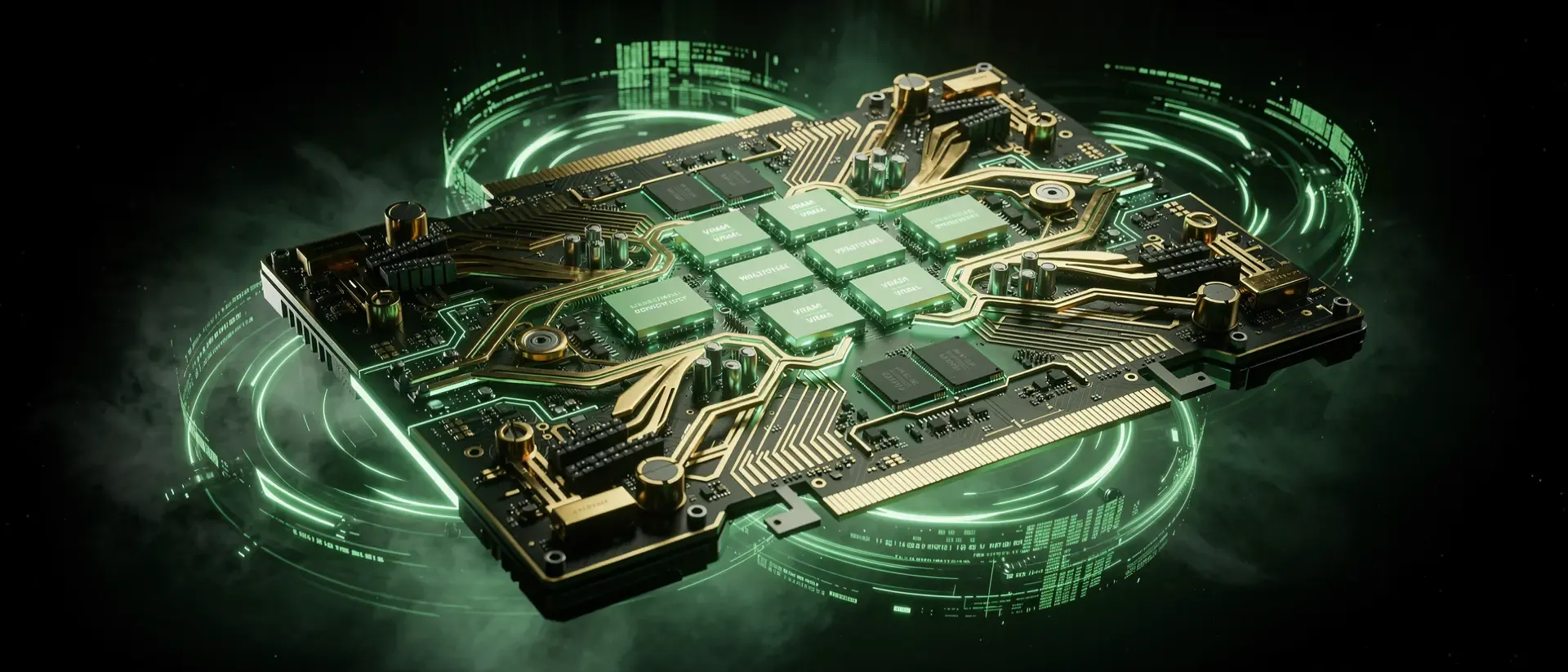 Futuristische GPU-Platine mit goldener Architektur und pulsierenden, neongrünen Energieadern, die in einem dunklen, technologischen Nebel schwebt.