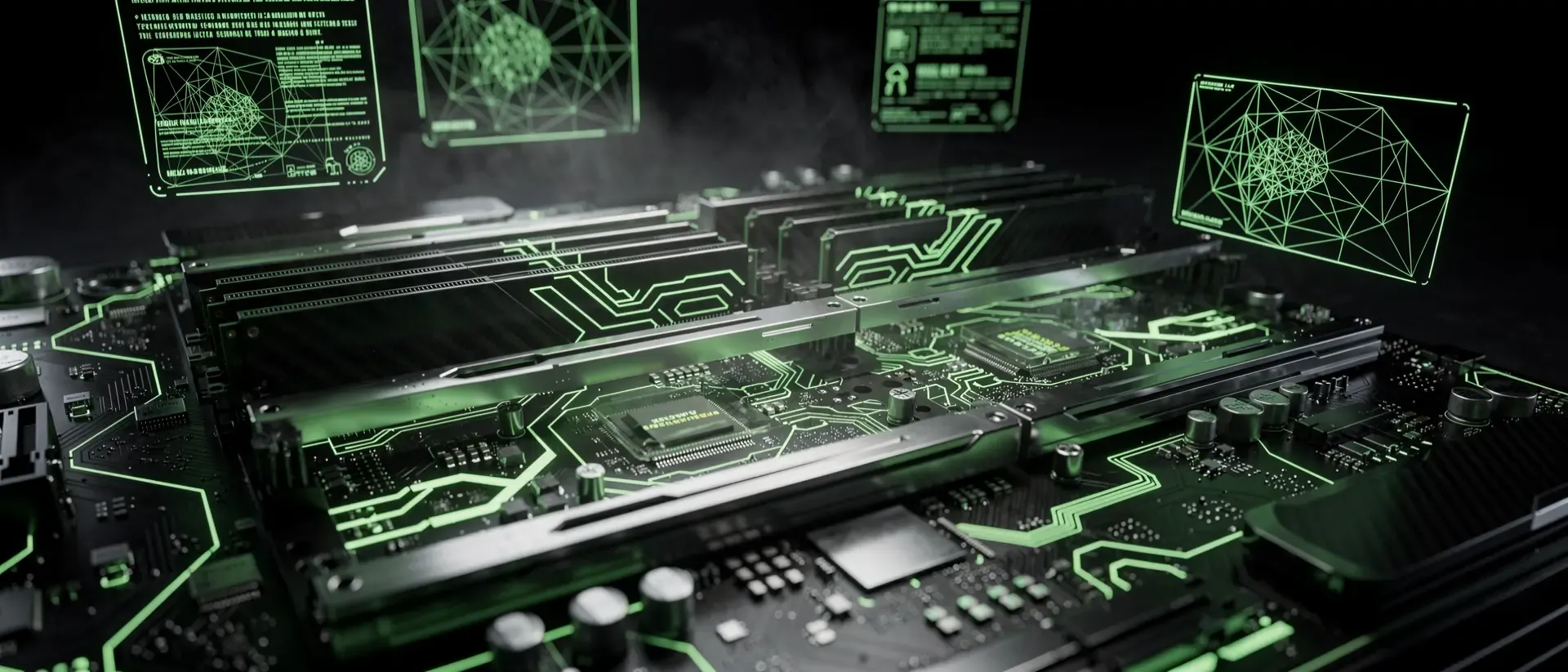 Nahaufnahme eines futuristischen Cyberpunk-Mainboards mit leuchtend neongrünen Schaltkreisen, holografischen Datenströmen und dunkler Ästhetik.