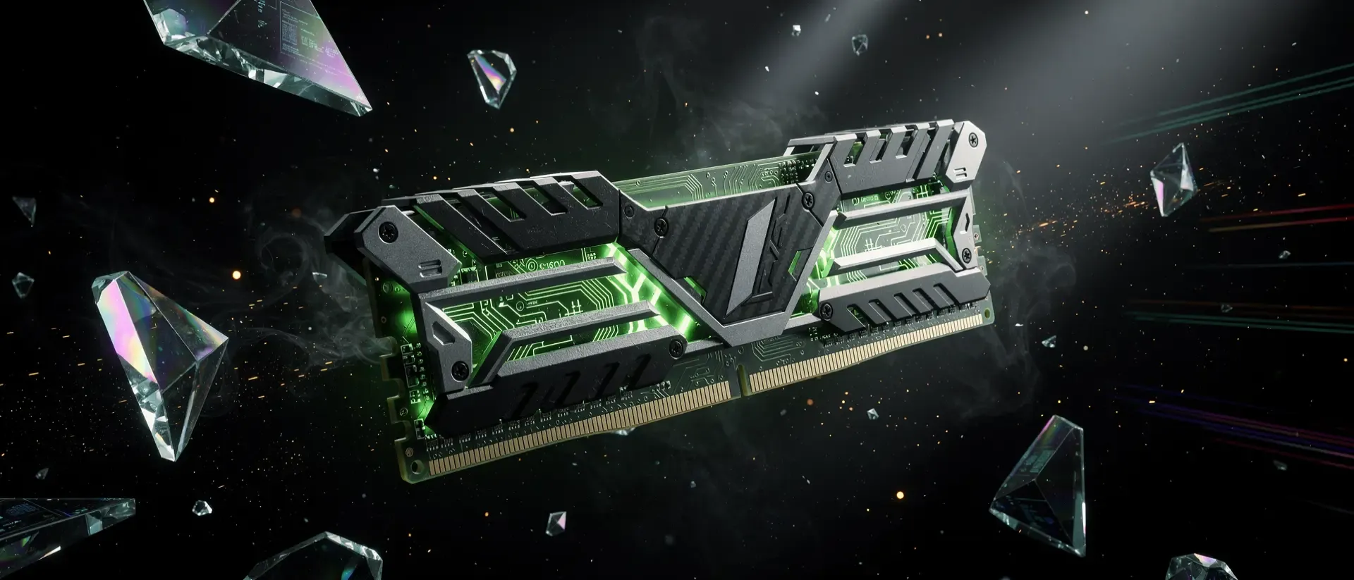 Nahaufnahme eines futuristischen RAM-Moduls aus Chrom und Carbon mit leuchtend neongrünen Energieimpulsen, umgeben von schwebenden Partikeln.
