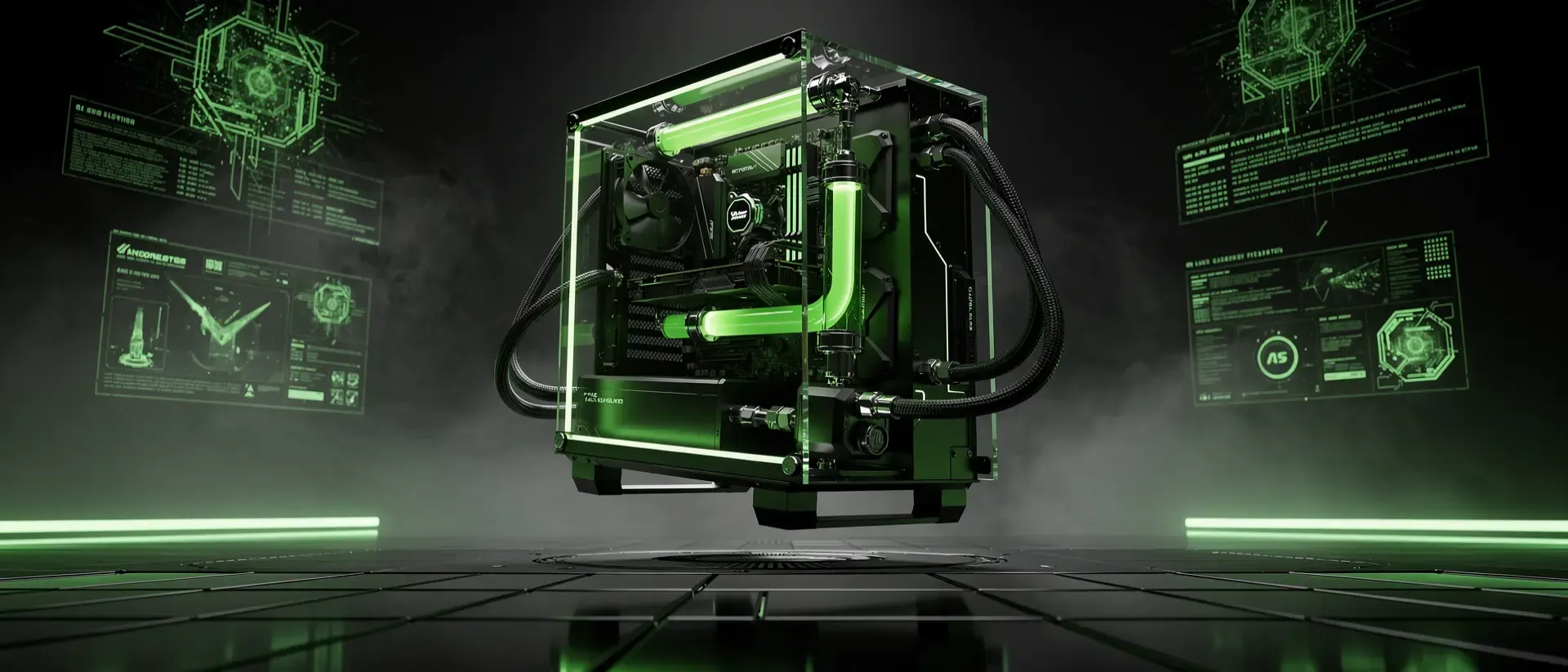 Ein futuristischer Gaming-PC mit leuchtend neongrüner Flüssigkeitskühlung schwebt in einer dunklen, atmosphärischen Cyberpunk-Umgebung mit Hologrammen.