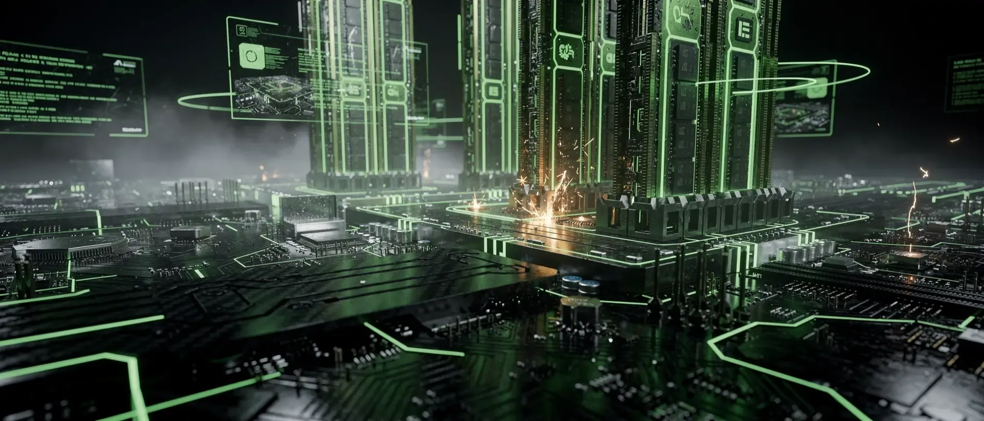 Futuristische Computer-Mainboard-Architektur aus schwarzer Kohlefaser mit leuchtenden neongrünen Energieleitungen und holografischen Datenströmen.