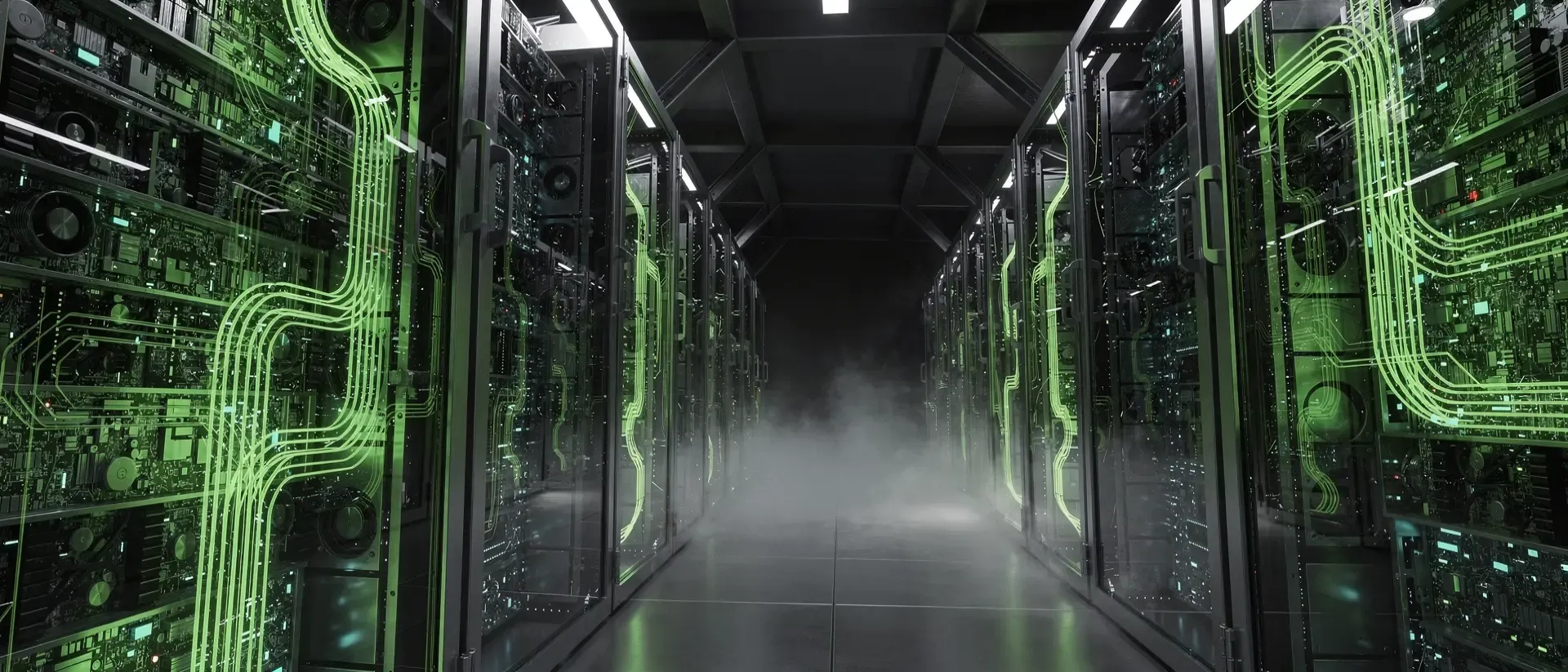 Ein futuristischer Cyberpunk-Serverraum mit leuchtend neongrünen Energielinien auf dunklen, hochtechnologischen Hardware-Komponenten in Kinolook.