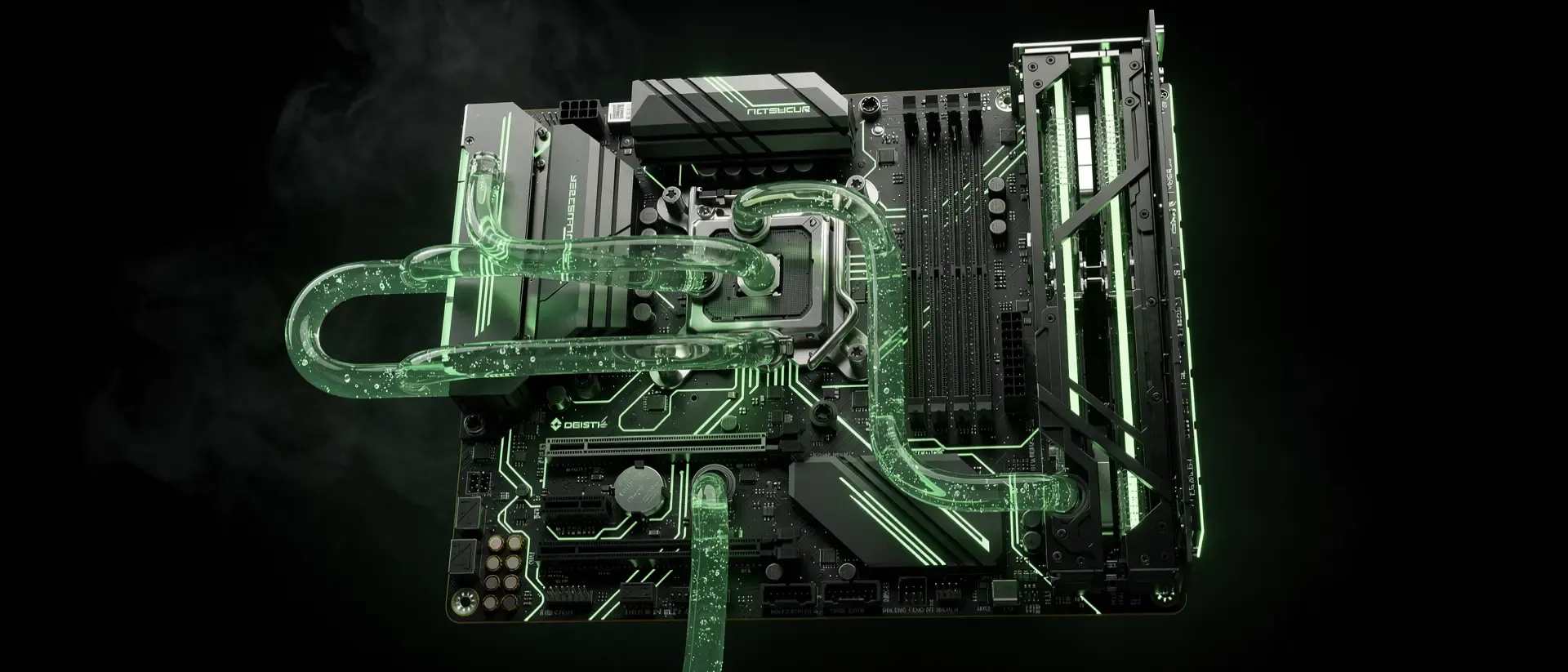 Futuristischer Gaming-PC im Cyberpunk-Stil mit neongrüner Beleuchtung, flüssiger Kühlung und mechanischer Hardware auf dunklem Obsidian.