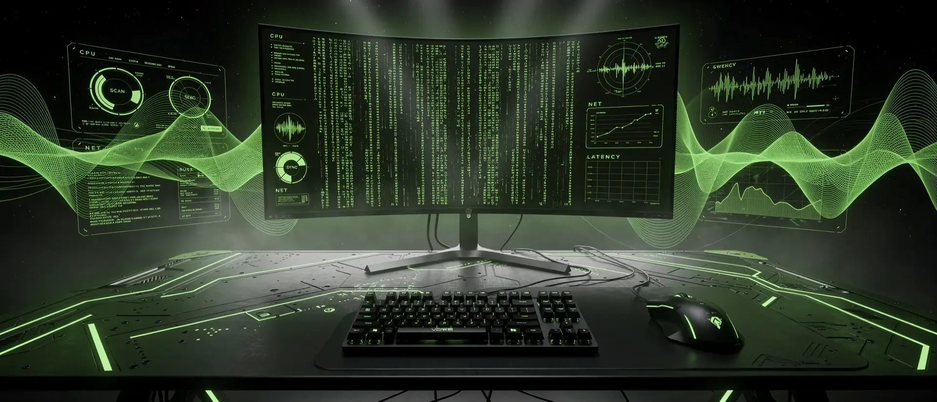 Futuristisches Gaming-Command-Center in einem dunklen Raum mit einem leuchtenden, neongrünen Hologramm-Monitor und technischem Cyberpunk-Design.