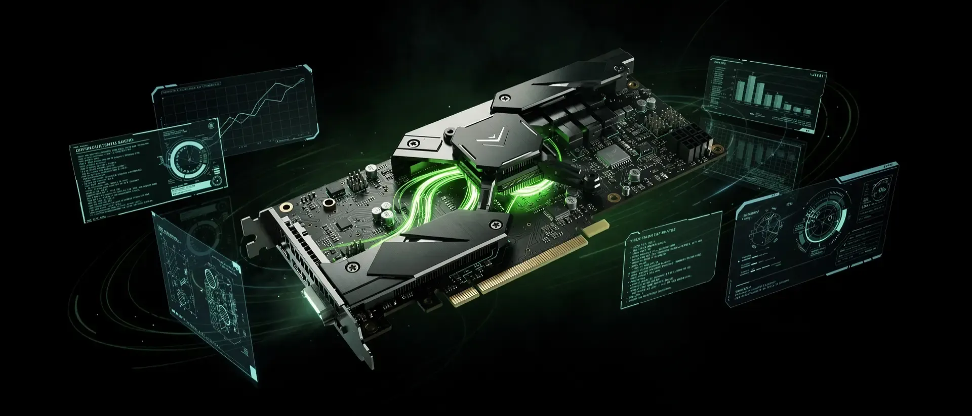 Eine futuristische, schwebende GPU mit leuchtend neongrüner Schaltkreisstruktur und holografischen Interfaces vor tiefschwarzem Hintergrund.