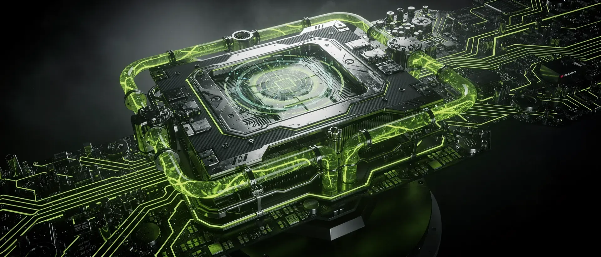 Ein futuristischer, hyperrealistischer Grafikprozessor mit leuchtend neongrünen Schaltkreisen und glühendem Plasma vor tiefschwarzem Hintergrund.