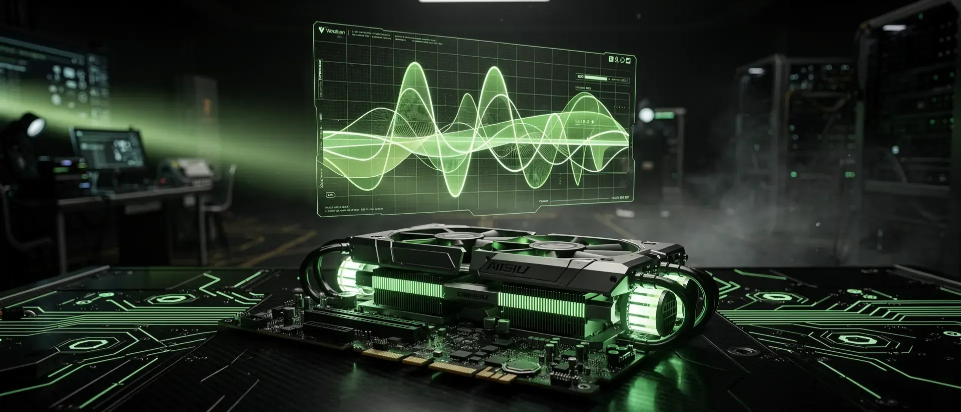 Hyperrealistische Cyberpunk-Laboraufnahme einer leuchtenden, neongrünen holografischen Spannungskurve vor futuristischer Computerhardware und Carbonfasern.