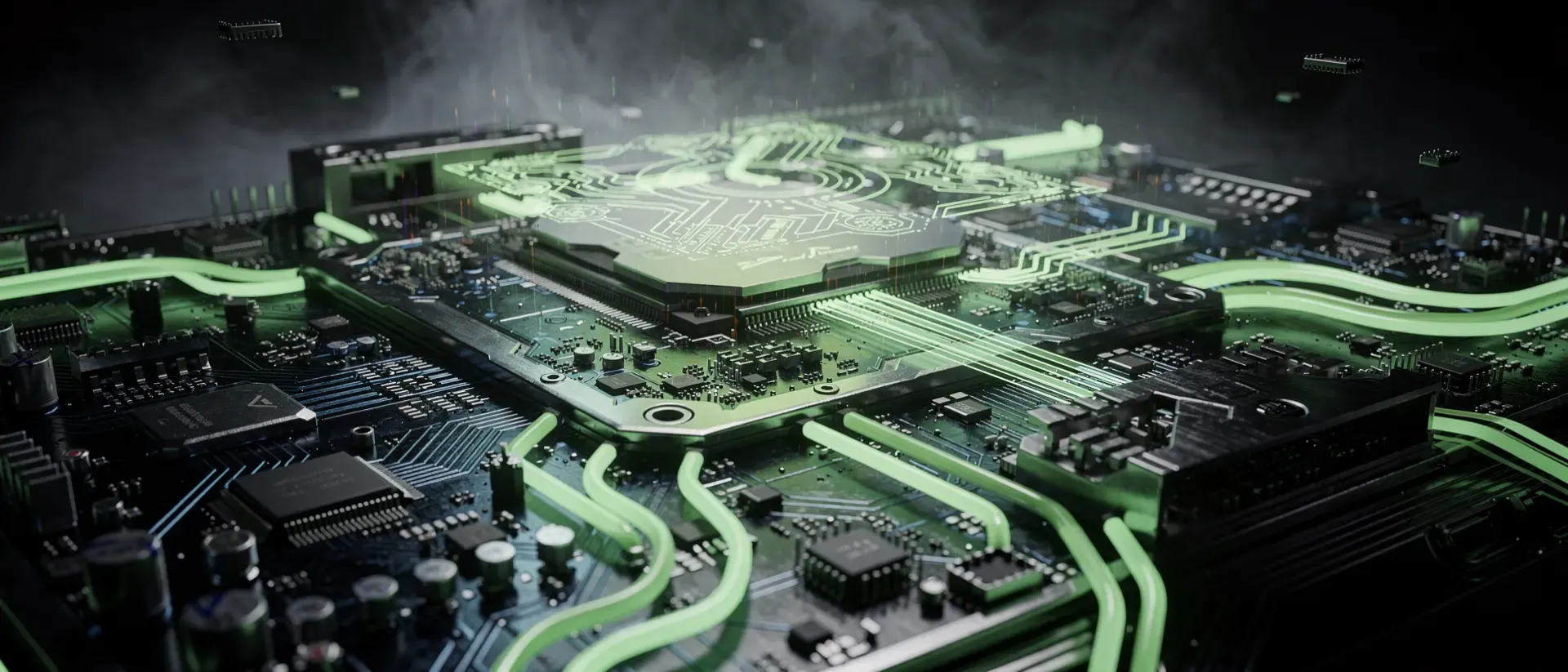 Extreme Nahaufnahme einer futuristischen GPU-Platine mit leuchtend neongrünen Energieleitungen und holografischen Mustern auf dunklem Hintergrund.