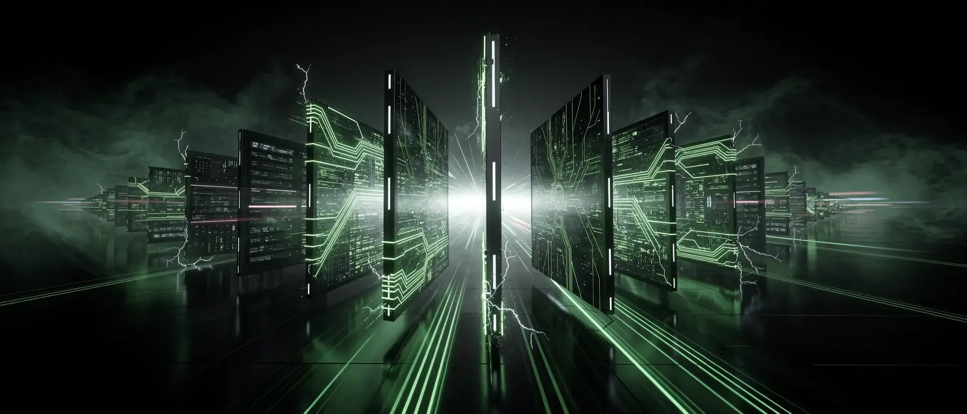 Cinematische Cyberpunk-Visualisierung von schwebenden, schwarzen Serversäulen mit pulsierenden neongrünen Energiebahnen in einer digitalen Leere.
