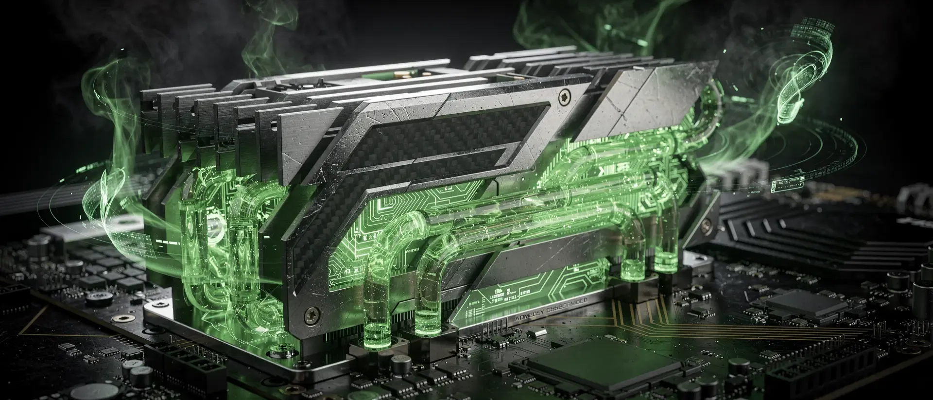 Nahaufnahme einer futuristischen PCIe 5.0 SSD mit massivem Kühlkörper, pulsierenden neongrünen Plasma-Effekten und holografischen Wärmekarten.