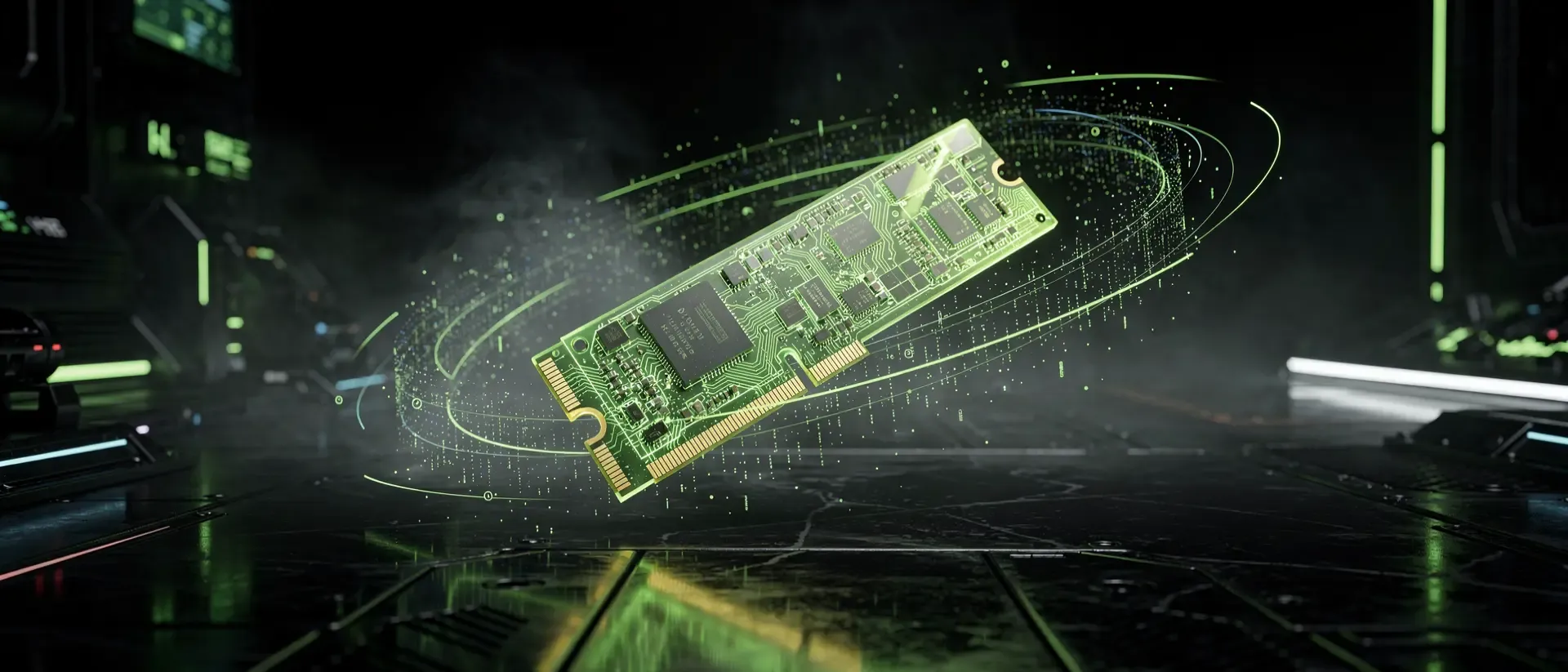 Eine futuristische M.2 NVMe SSD schwebt in einem holografischen Feld in einem Cyberpunk-Labor, beleuchtet von neongrünen Energieimpulsen auf schwarzem Grund.