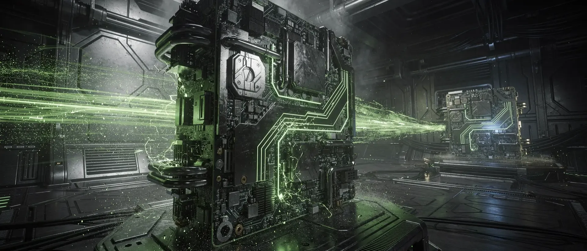 Ein ultrawides, neongrün pulsierendes GPU‑Kern‑Visualisierung mit Wärmedunst, Plasma‑Spritzern und dunklem, ruhigen CPU‑Modul im Schatten.