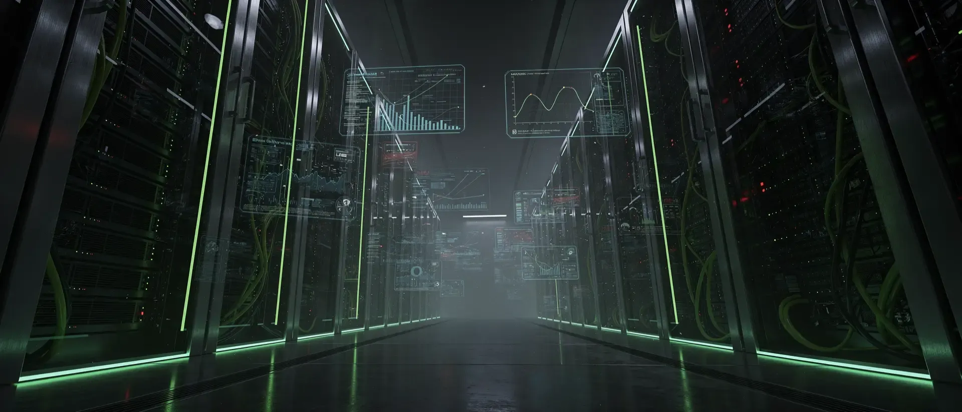 Cyberpunk‑Stadtpanorama mit neongrünen Serverracks, metallisch glänzenden Oberflächen, Nebel, niedriger Blickwinkel, cine­misches Licht.