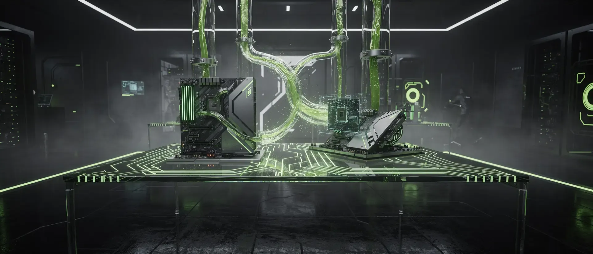 Futuristisches Hardware-Labor im Cyberpunk-Stil mit leuchtend grünen Schaltlinien, einer GPU und holografischen Energieflüssen auf Glas.
