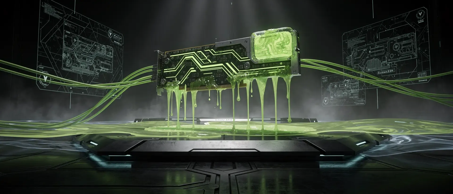 Eine Cyberpunk-Datenzentrum zeigt ein neongrünes GPU-Modul, das Energie aus VRAM in dunklen System-RAM-Datenstrom fließen lässt.