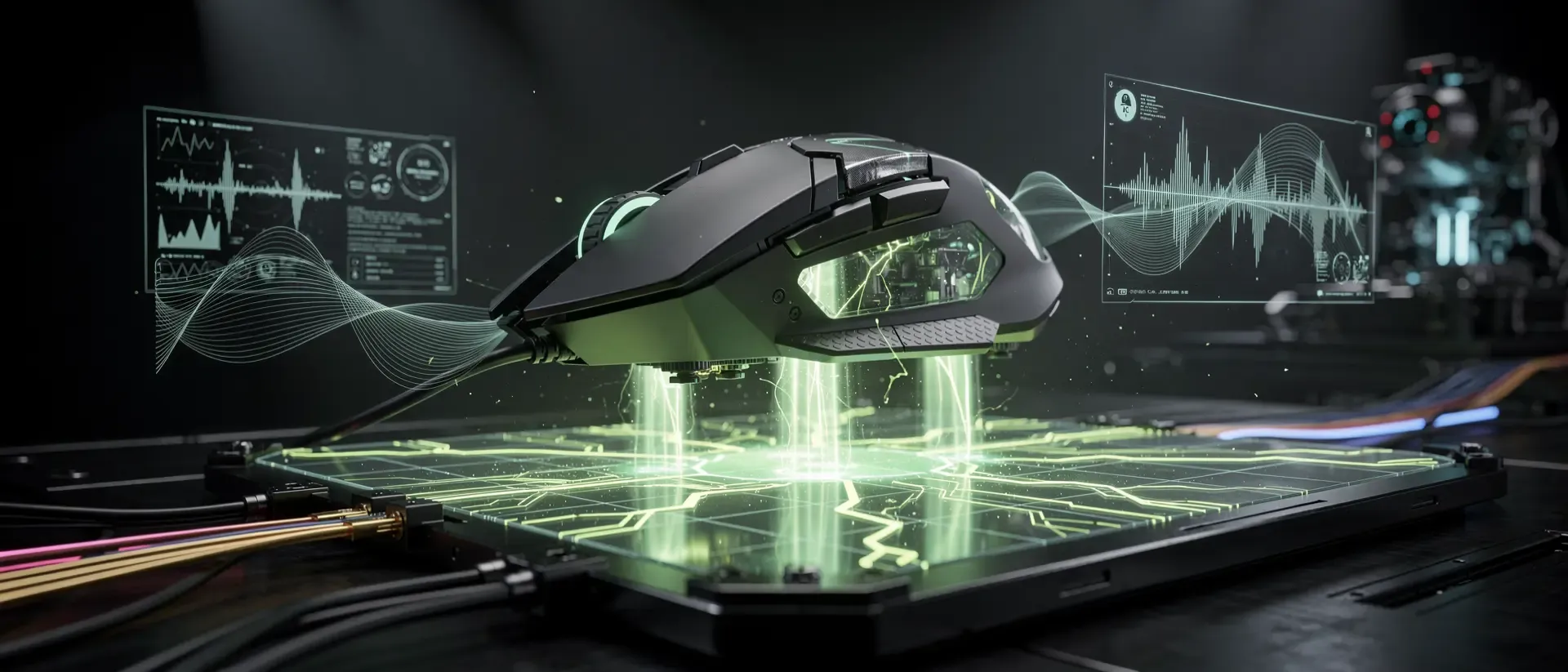 Nahaufnahme einer futuristischen Gaming-Maus, die über einer holografischen Platine schwebt, während neongrüne Energiepulse durch digitale Datenströme fließen.