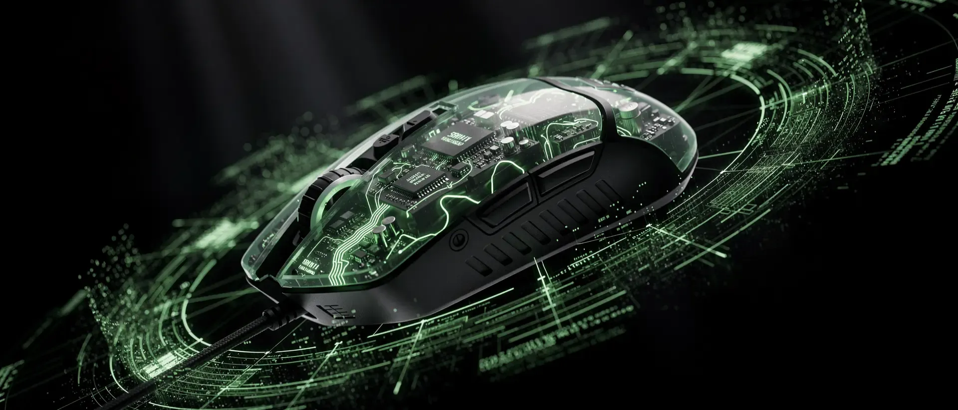 Extremer Nahaufnahmen einer futuristischen Gaming-Maus mit sichtbarer grüner Elektronik und digitalen Datenströmen vor schwarzem Hintergrund.