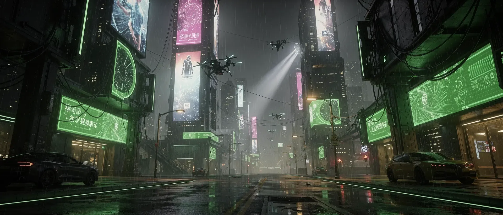 Cyberpunk-Stadtlandschaft bei Nacht mit neongrünen Akzenten, leuchtenden Hologrammen und regennassen, spiegelnden Straßen unter futuristischer Architektur.